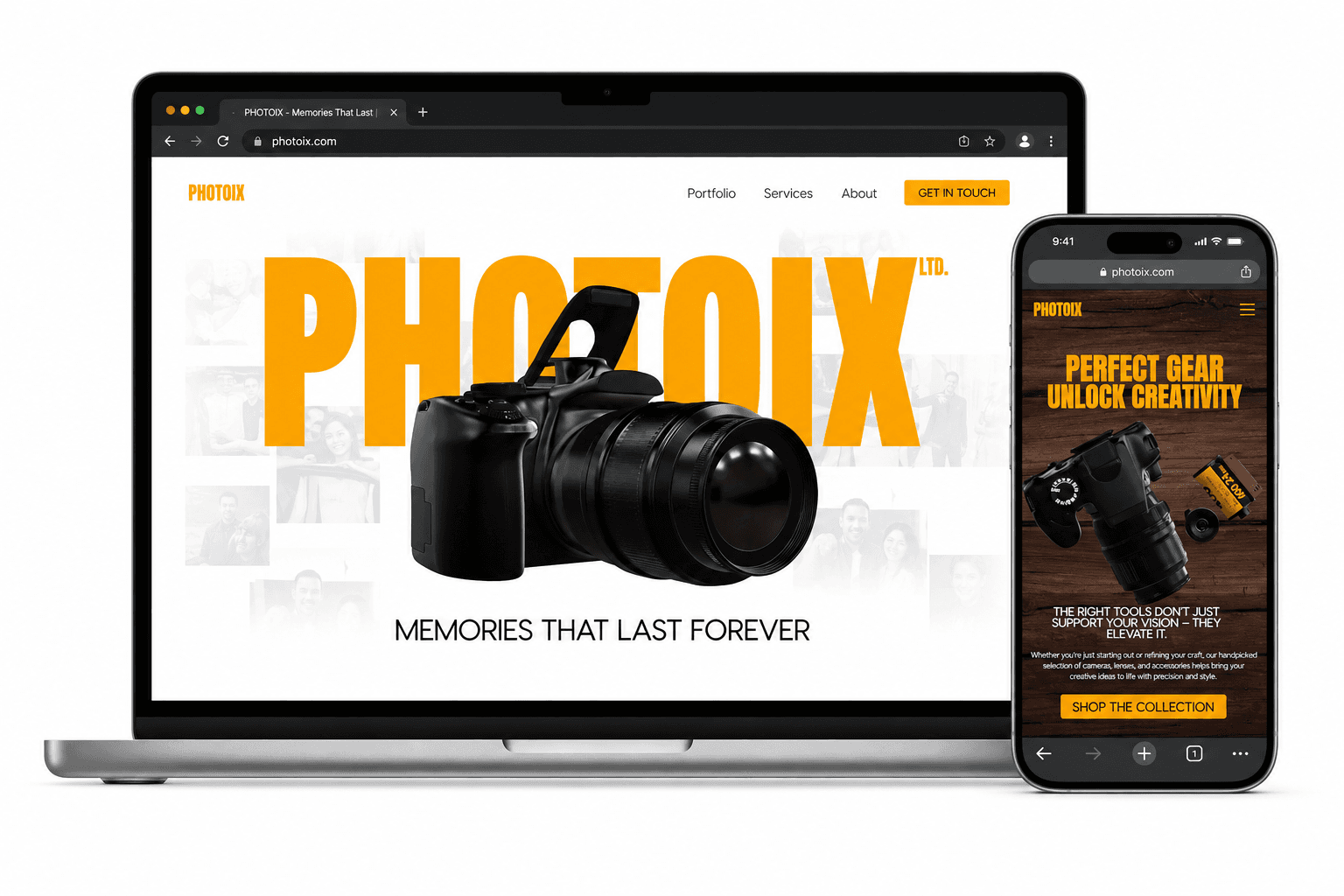 A detailed 3D camera model with its rear screen playing a video clip, rendered as the centerpiece of a photography studio landing page.
