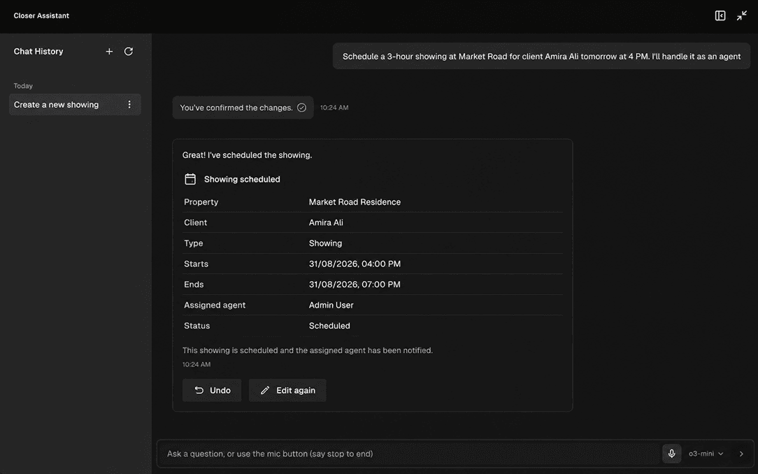 Chat conversation showing a completion summary after a confirmed showing reschedule.