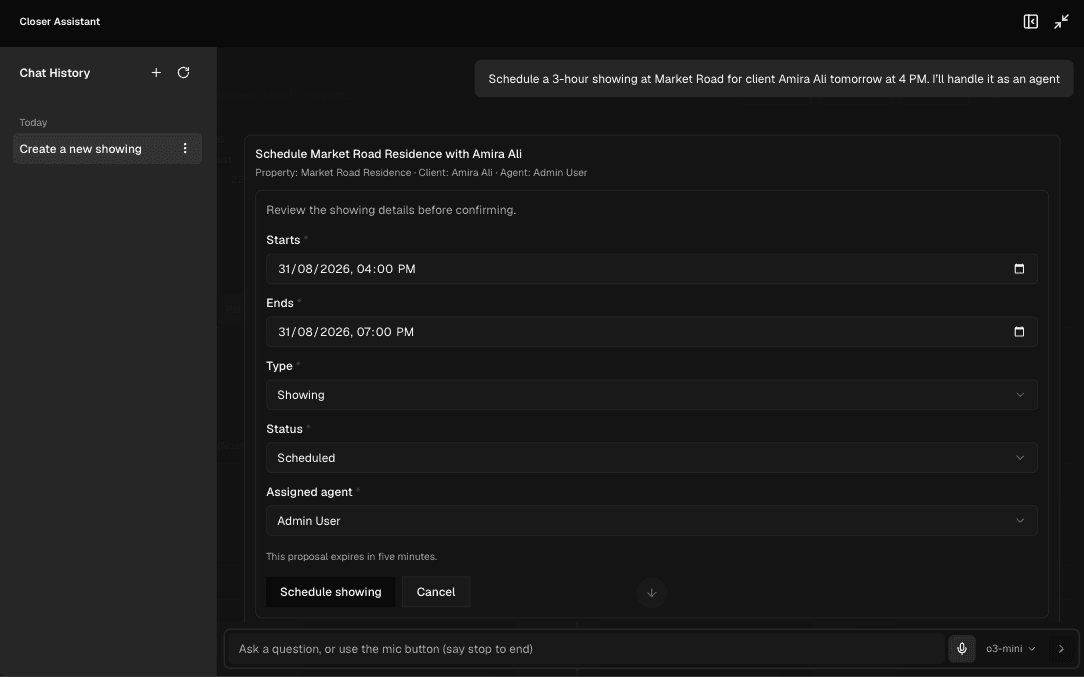 Chat conversation showing an editable confirmation card proposing a showing reschedule, awaiting user approval.