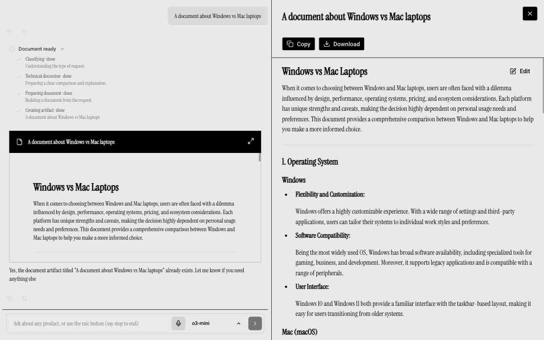 Chat panel showing a generated document artifact with a buying guide comparing product options.