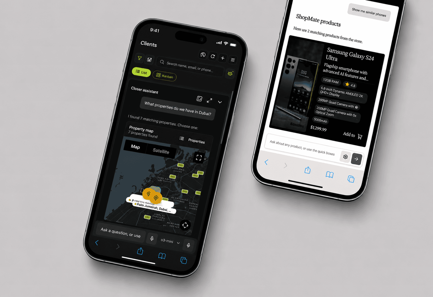 Chat assistant panel showing a streamed response with product recommendation cards.