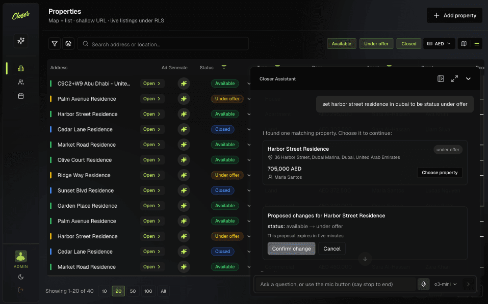AI assistant chat panel proposing a property update, awaiting user confirmation before saving changes.