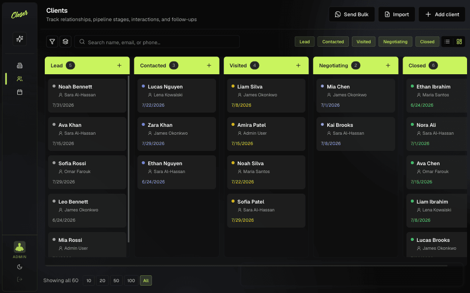 Client pipeline in kanban view, showing deal stages from lead to closed with drag-and-drop cards.