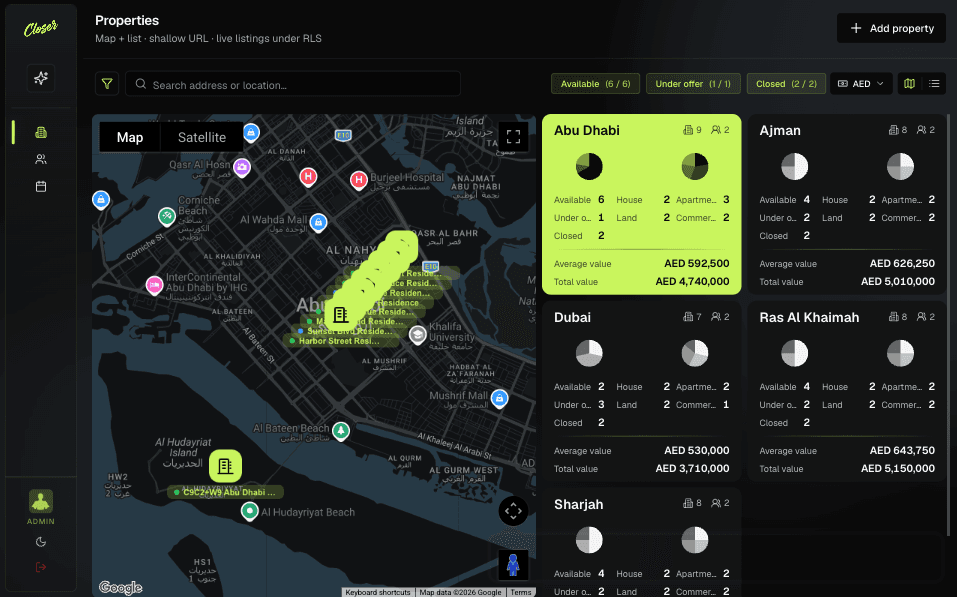 Property listings view with map and list toggle, showing filters by status, type, and agent in a real estate CRM.