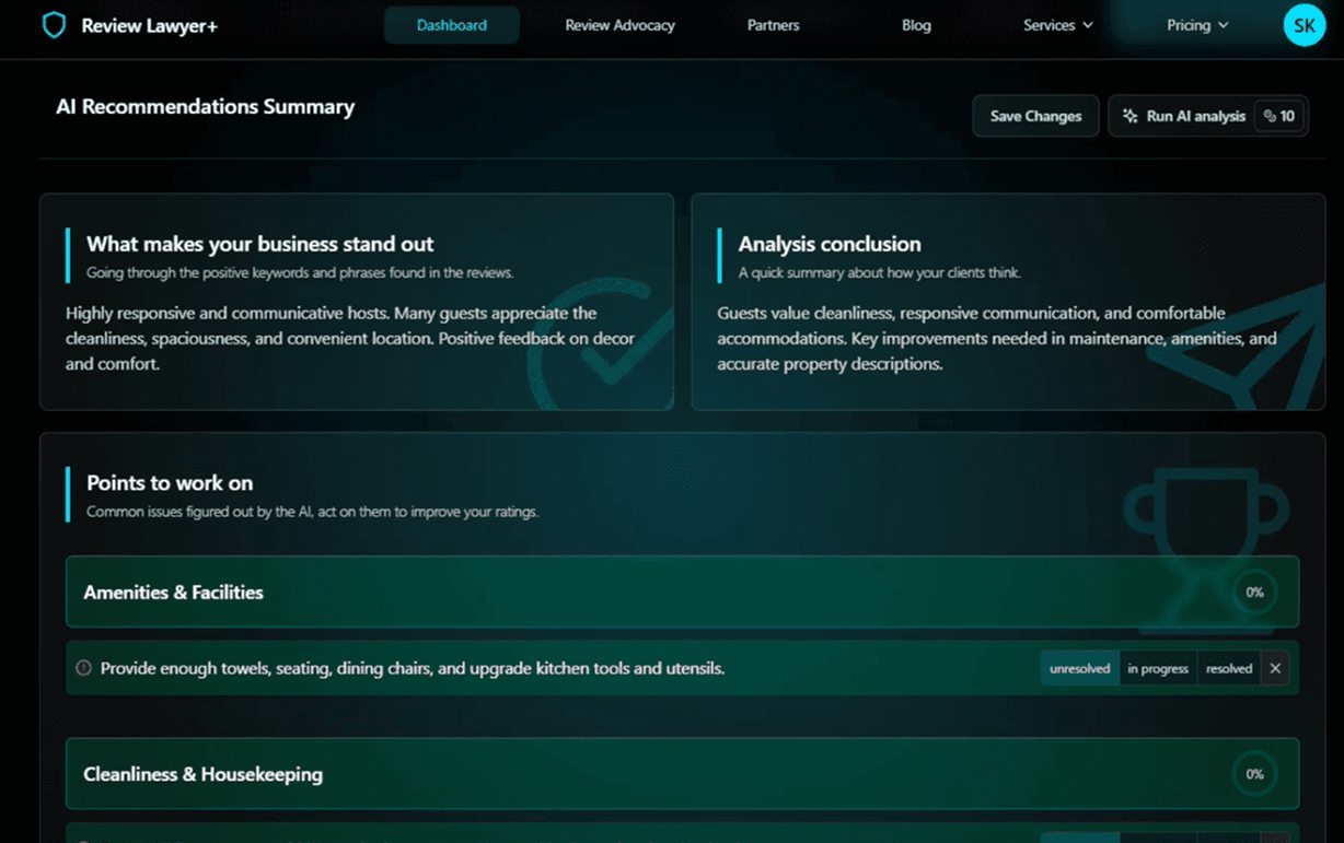 AI-generated summary panel showing business strengths, guest sentiment conclusions, and an actionable list of improvement points by category.