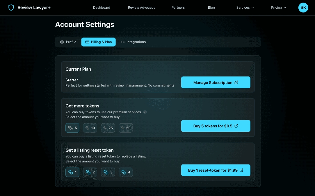 Account billing page showing current subscription plan and options to purchase AI usage tokens or listing reset tokens.