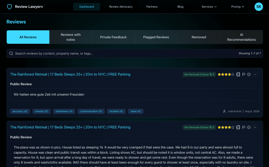 Review management interface showing a rating-distribution pie chart, monthly trend line chart, and a searchable list of guest reviews.