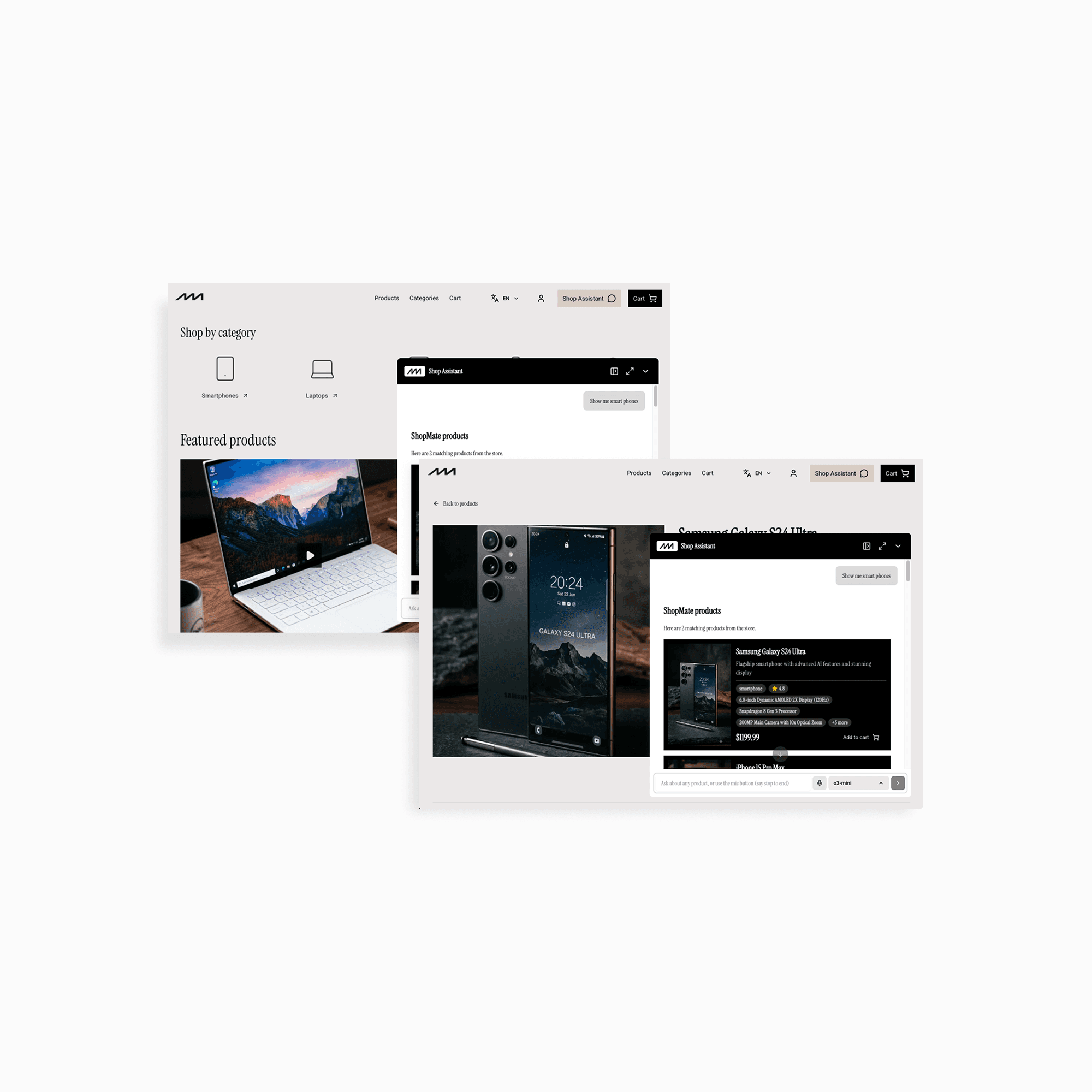 Browser showing chat panel open consistently across two different product pages.