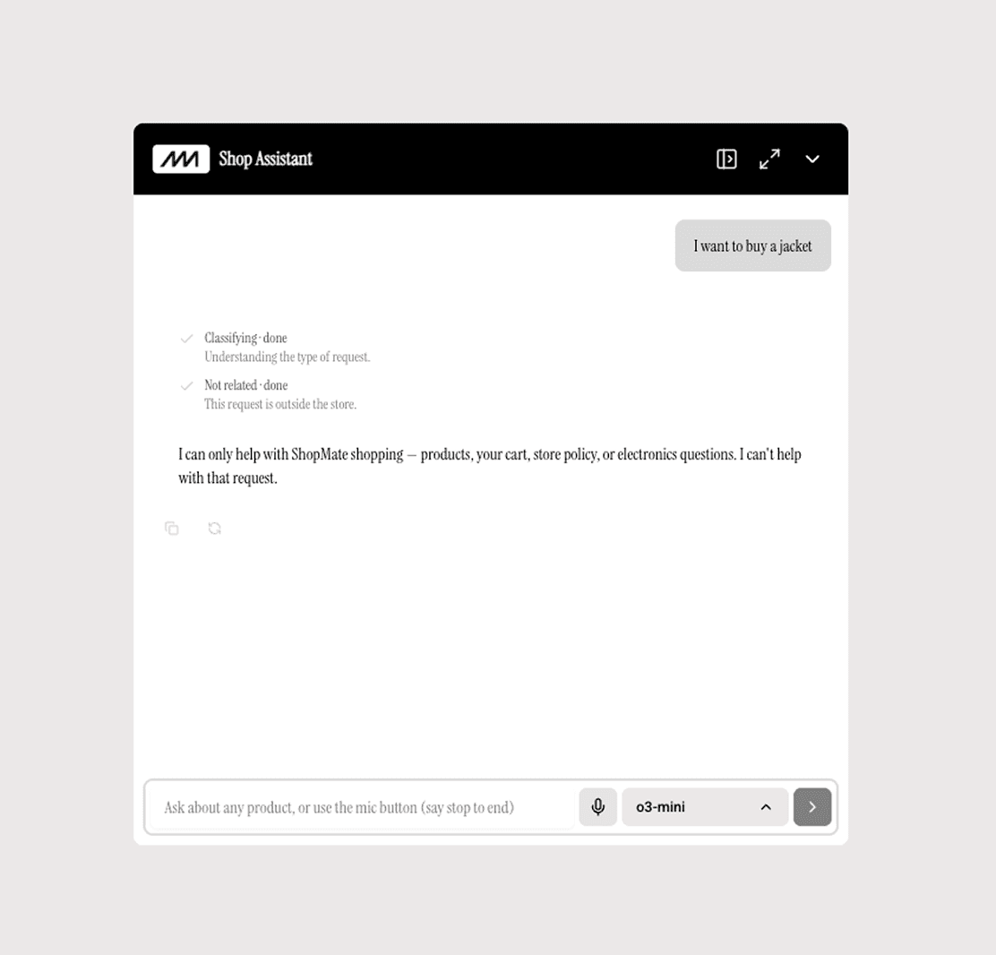 Chat response showing an honest empty-results message when no matching products are found.