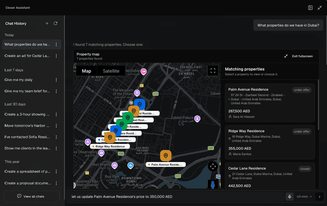 Chat assistant sidebar showing conversation history grouped by date, with an active streamed conversation open.